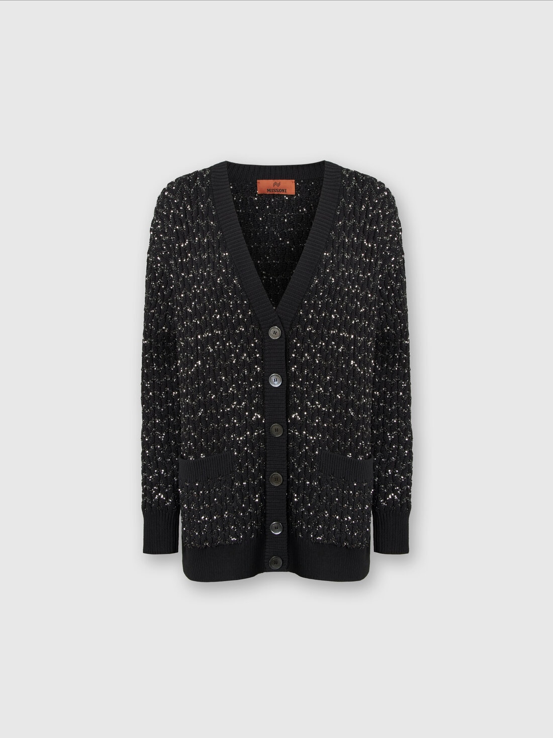 Oversized cardigan in knit with braiding and sequins, Black    - DS24SM0GBK033OS90DI - 0