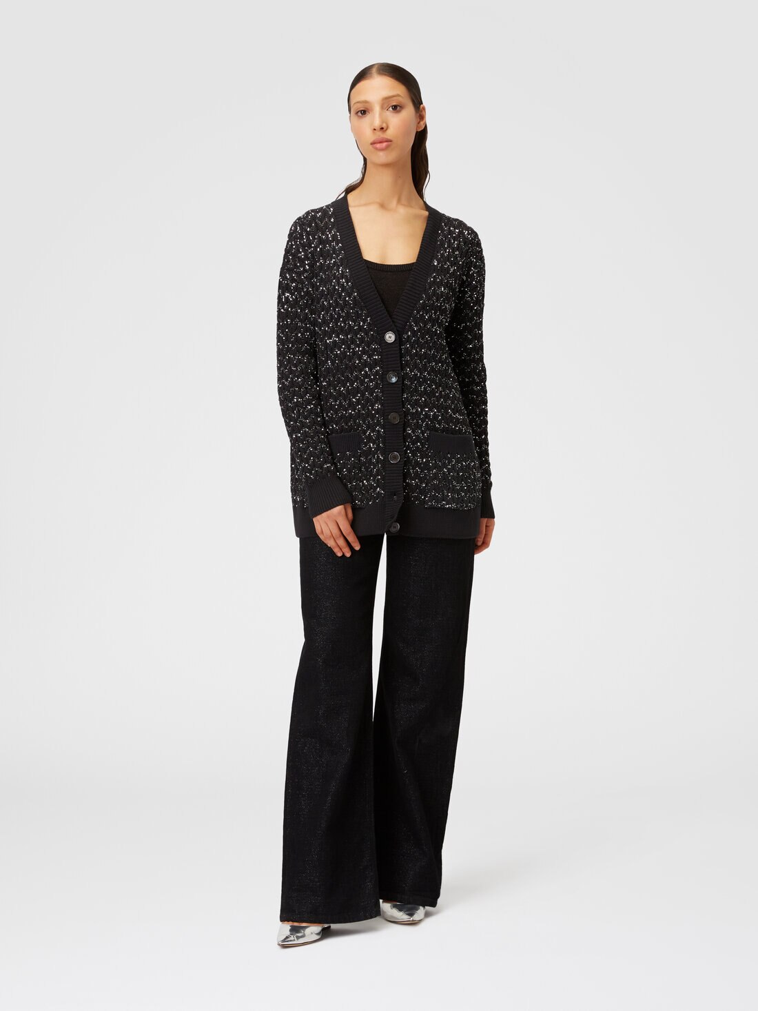 Oversize-Cardigan aus Strick mit Zopfmuster und Pailletten, Schwarz    - 8053147066028 - 1