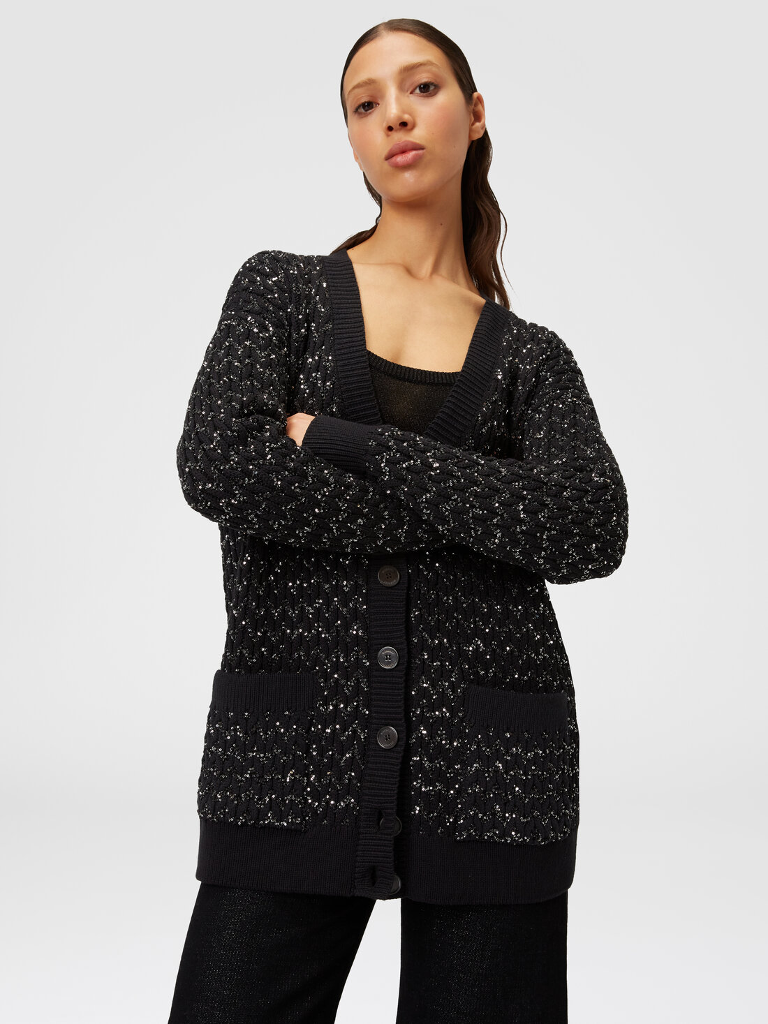 Oversized cardigan in knit with braiding and sequins, Black    - DS24SM0GBK033OS90DI - 3