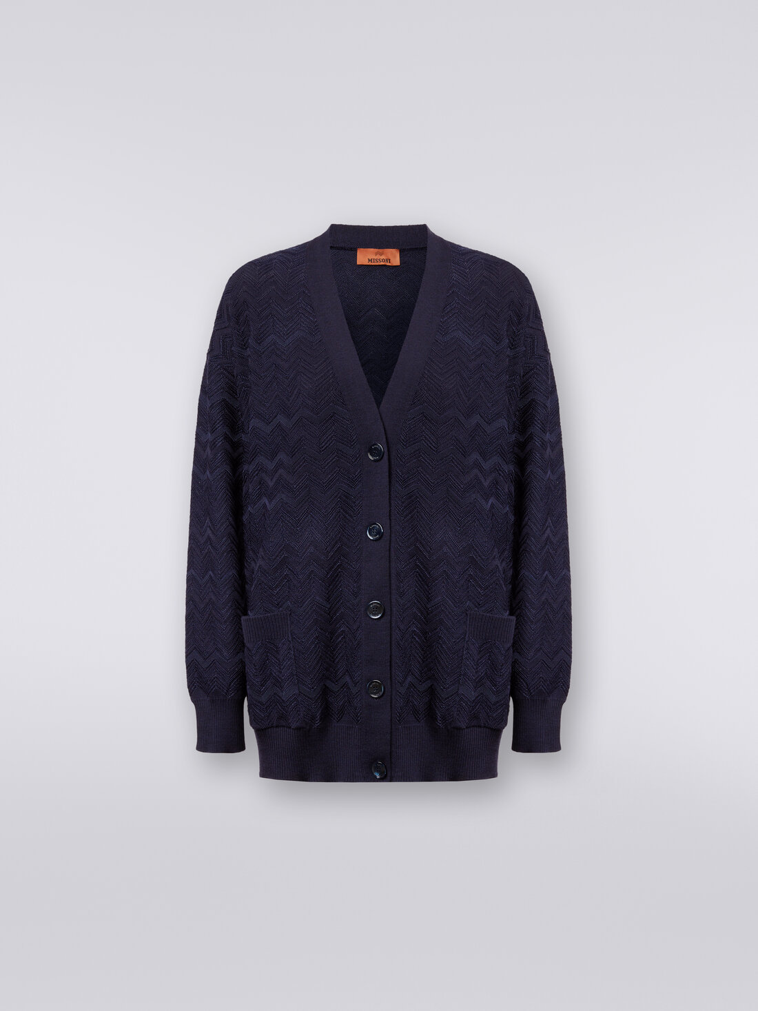 Oversized cardigan in chevron wool and viscose knit , Dark Blue - DS24SM0LBK033V93810 - 0