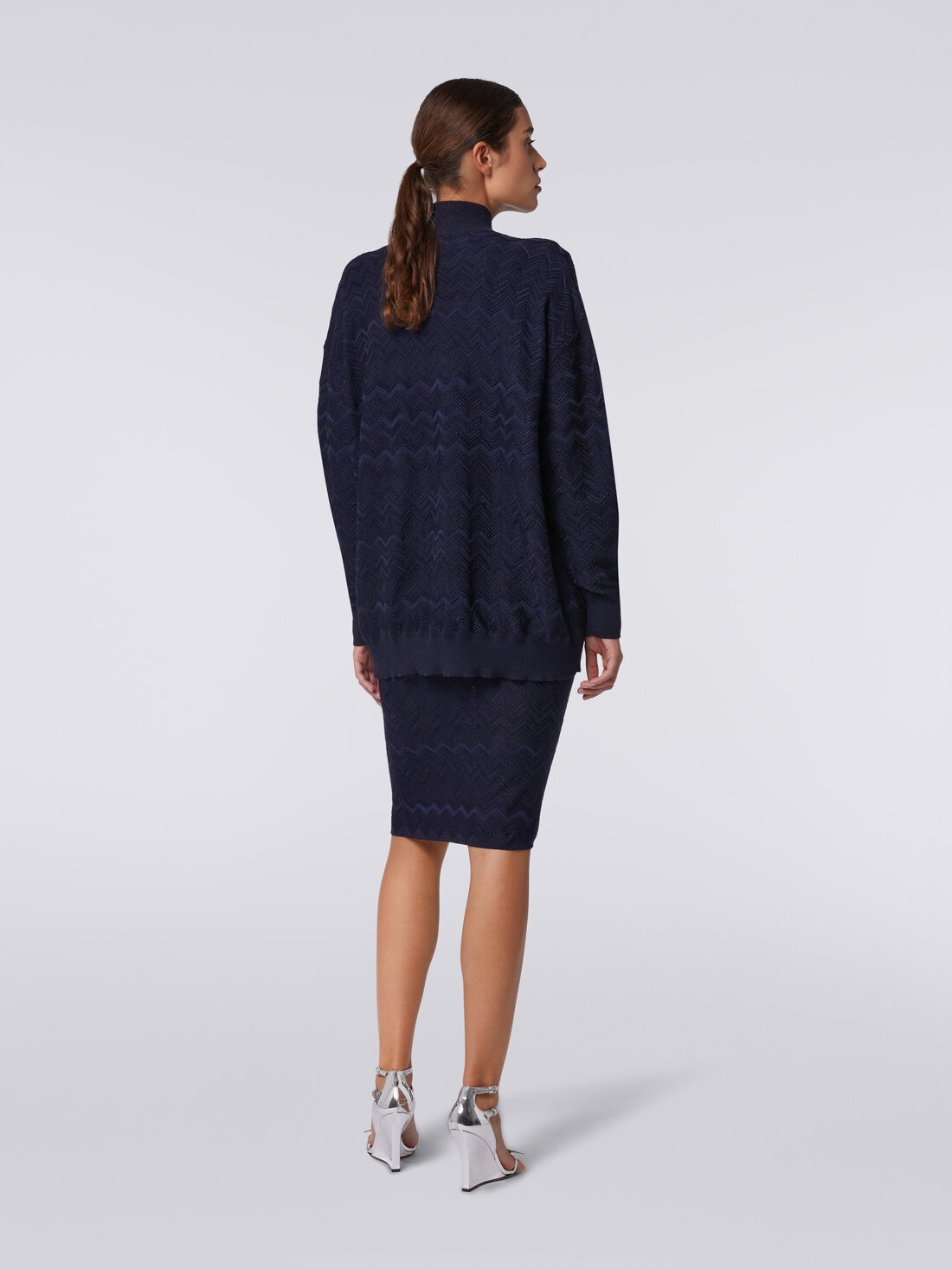 Oversized cardigan in chevron wool and viscose knit , Dark Blue - DS24SM0LBK033V93810 - 3