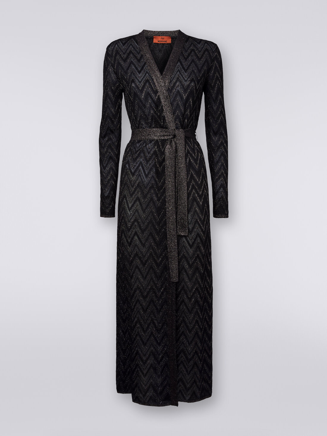 Long cardigan in chevron knit with lurex, Black    - DS24SM0QBK034GSM9AQ - 0