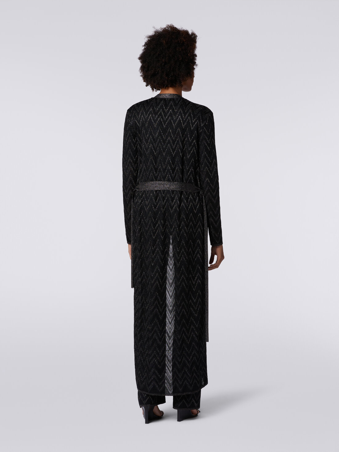 Long cardigan in chevron knit with lurex, Black    - DS24SM0QBK034GSM9AQ - 3