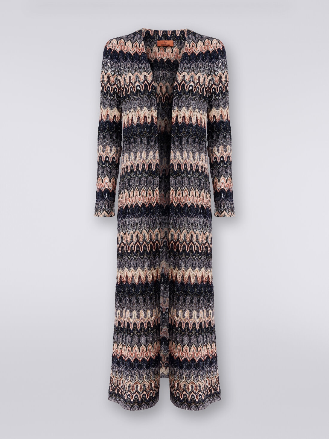 Long cardigan in lamé knit with lace-effect wave pattern, Multicoloured  - DS24SM0UBR00UOSM976 - 0