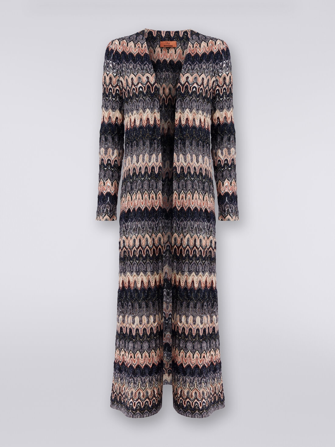 Long cardigan in lamé knit with lace-effect wave pattern, Multicoloured  - 8053147048369 - 0