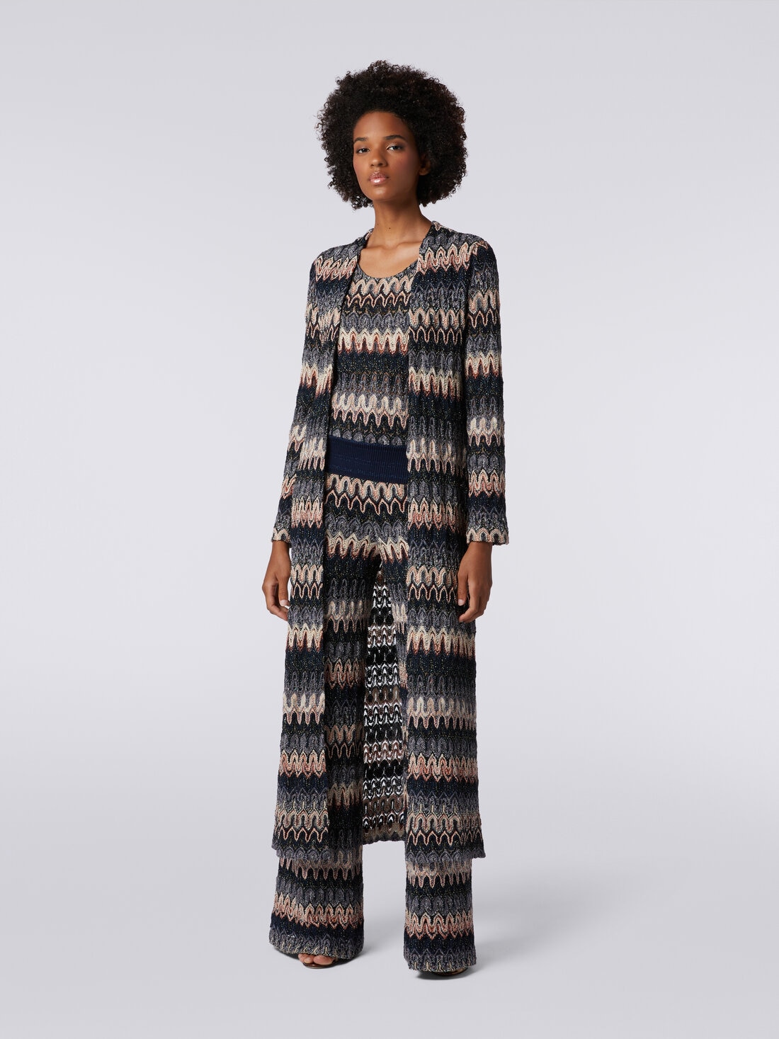 Long cardigan in lamé knit with lace-effect wave pattern