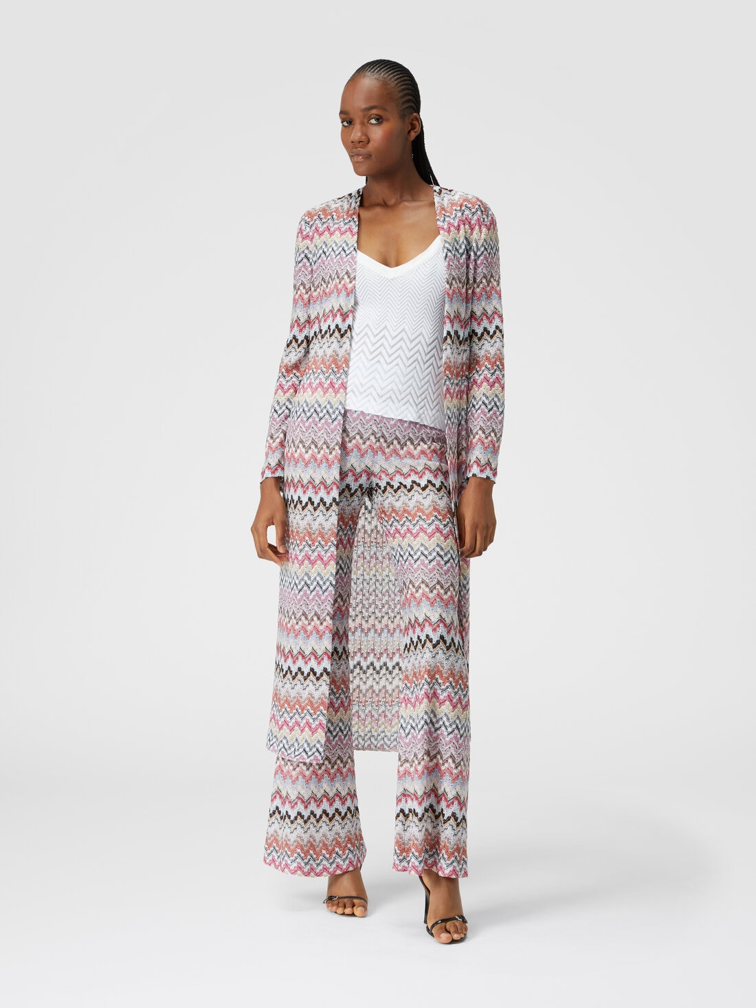 Long cardigan in zigzag lamé knit, Multicoloured  - DS24SM0UBR00UXSM975 - 1