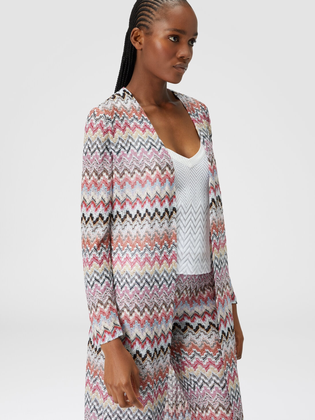 Long cardigan in zigzag lamé knit, Multicoloured  - DS24SM0UBR00UXSM975 - 3