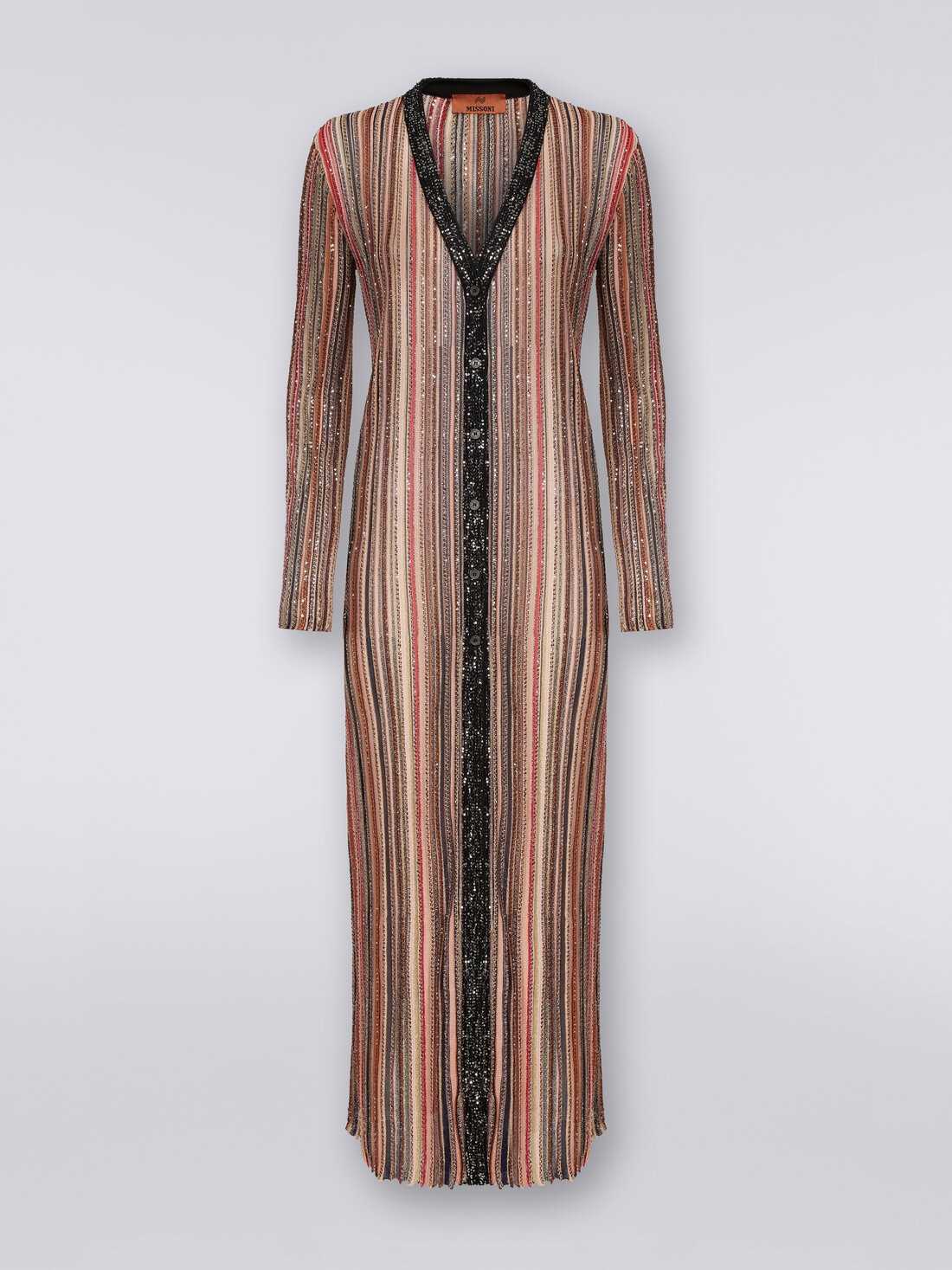 Long cardigan in vertical striped knit with sequins, Multicoloured  - DS24SM0ZBK033MSM9AF - 0