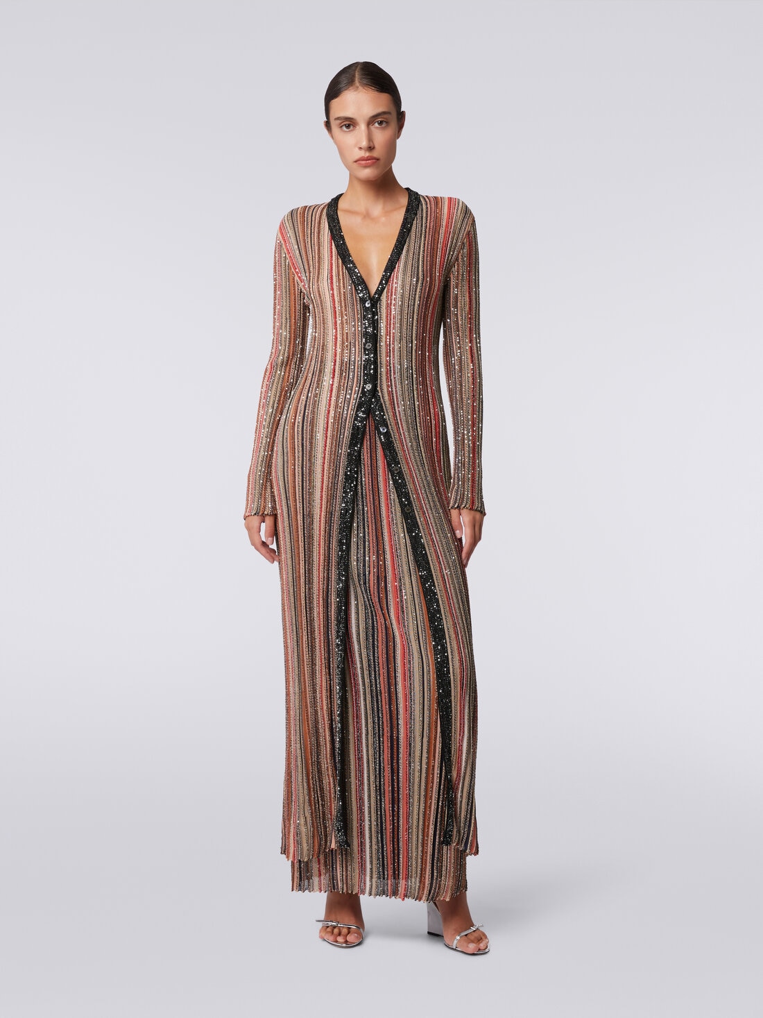 Long cardigan in vertical striped knit with sequins, Multicoloured  - DS24SM0ZBK033MSM9AF - 1