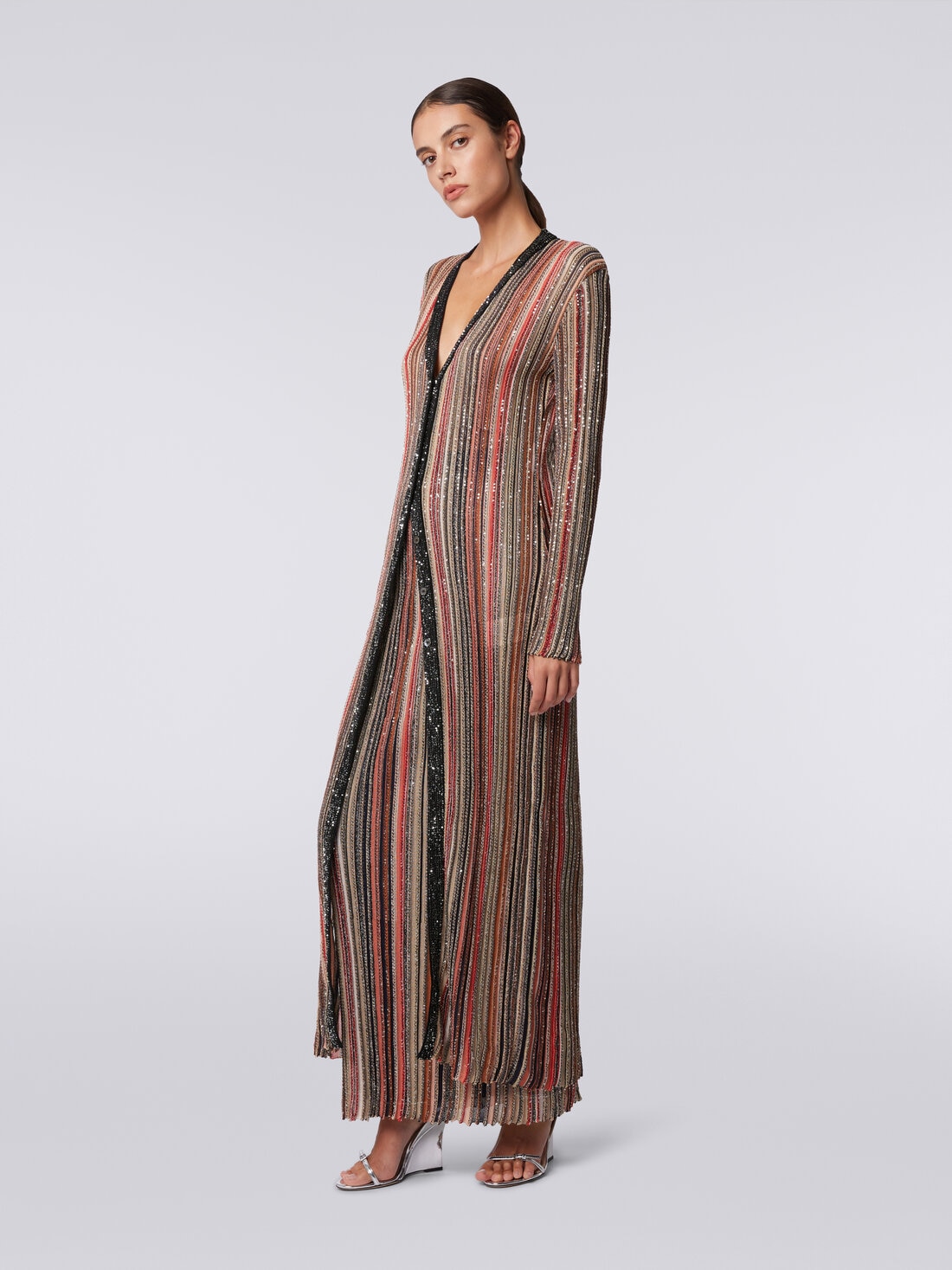 Long cardigan in vertical striped knit with sequins, Multicoloured  - DS24SM0ZBK033MSM9AF - 2