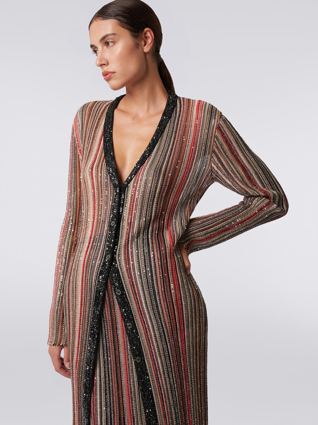 Long cardigan in vertical striped knit with sequins, Multicoloured  - DS24SM0ZBK033MSM9AF - 4