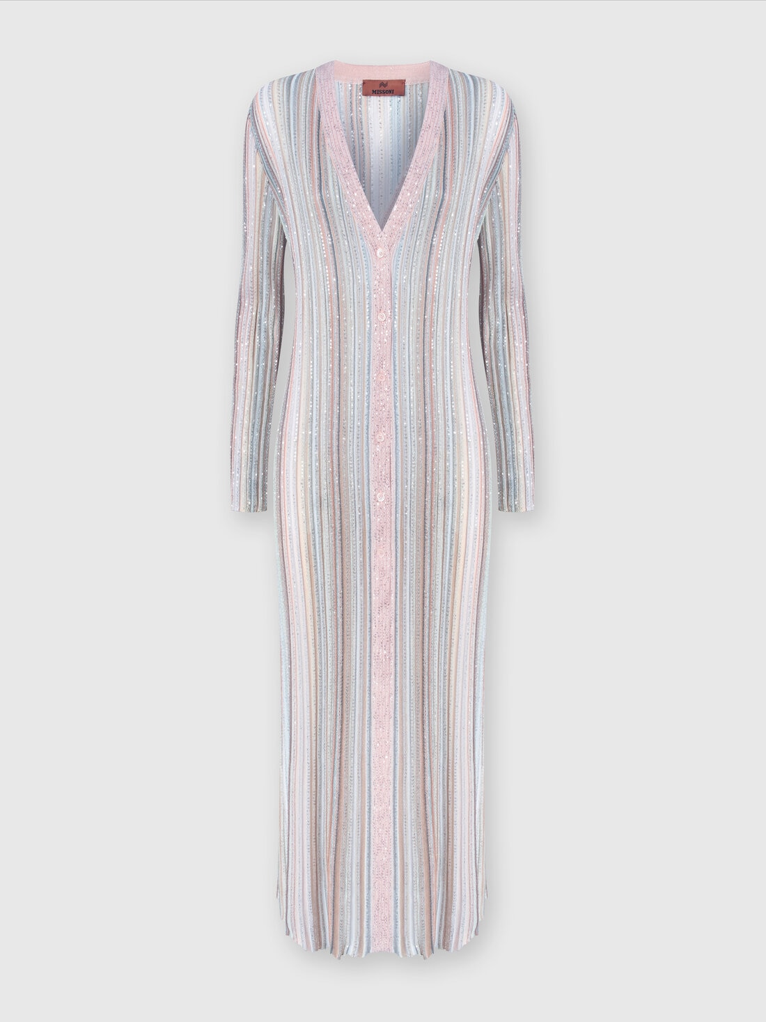 Long cardigan in vertical striped knit with sequins, Multicoloured  - DS24SM0ZBK033MSM9AH - 0