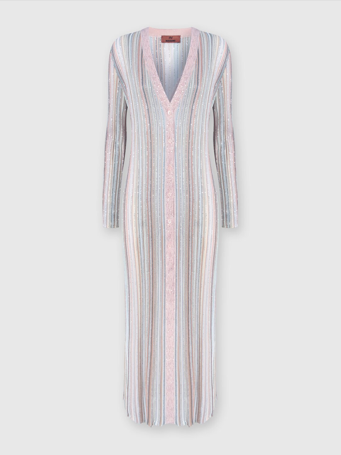 Long cardigan in vertical striped knit with sequins, Multicoloured  - DS24SM0ZBK033MSM9AH - 0