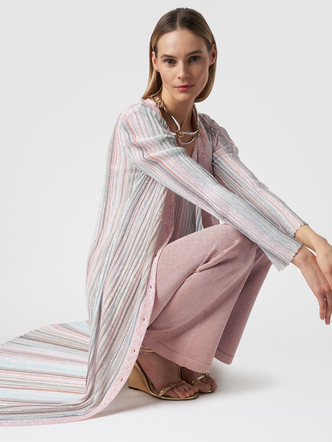 Long cardigan in vertical striped knit with sequins, Multicoloured  - DS24SM0ZBK033MSM9AH - 3