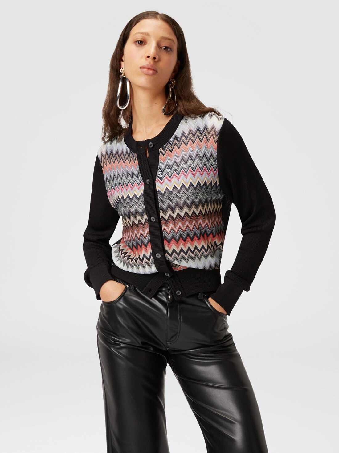 Short cardigan in chevron viscose , Black    - DS24SM10BK033E93911 - 3