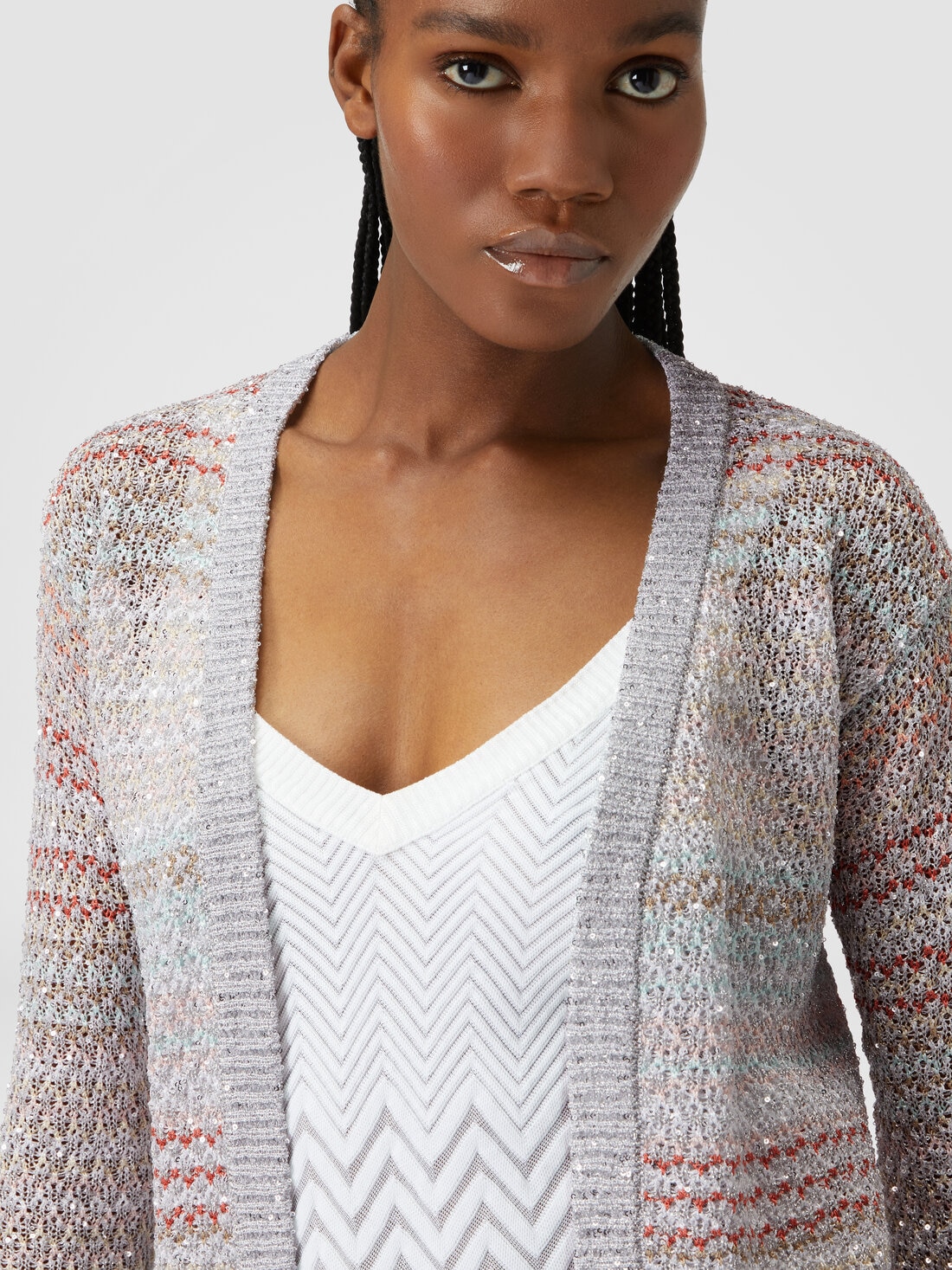 Short cardigan in mesh knit with sequins, Multicoloured  - DS24SM12BK033PSM9AI - 4
