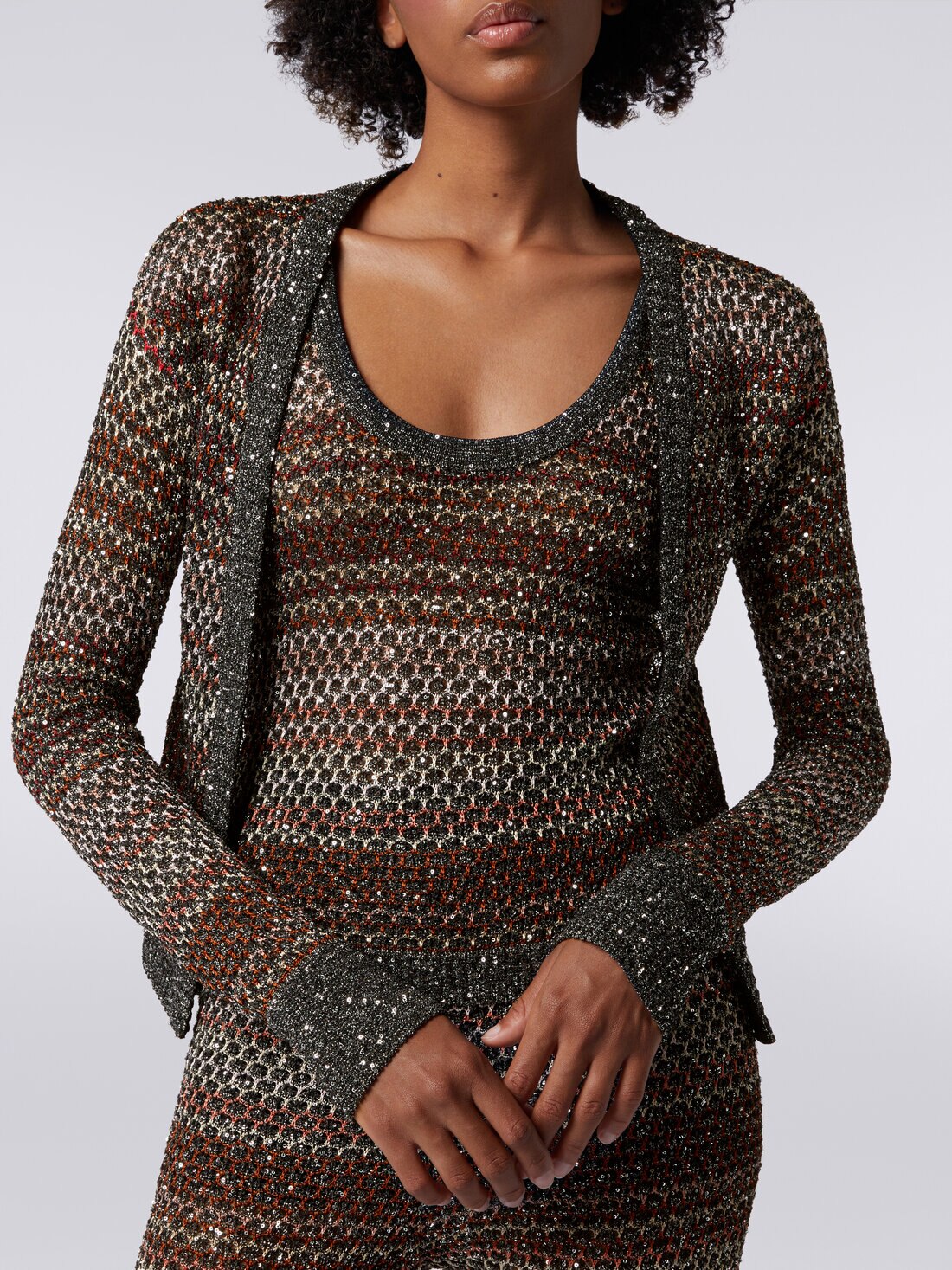 Cardigan corto in maglia a rete con paillettes, Multicolore  - DS24SM12BK033PSM9AJ - 4