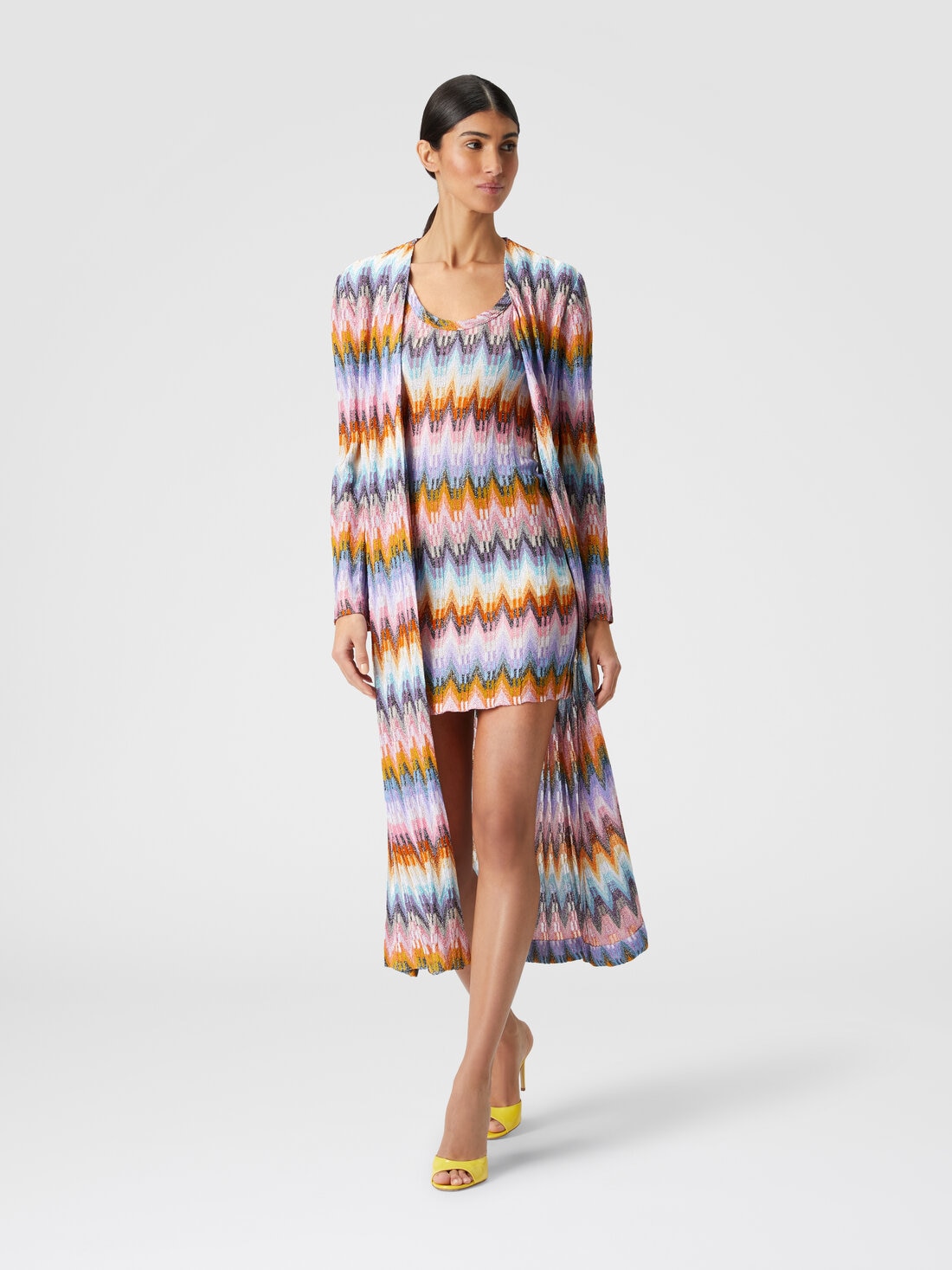 Long cardigan in zigzag knit with lamé, Multicoloured  - DS24SM18BR00Y5SM9CP - 1
