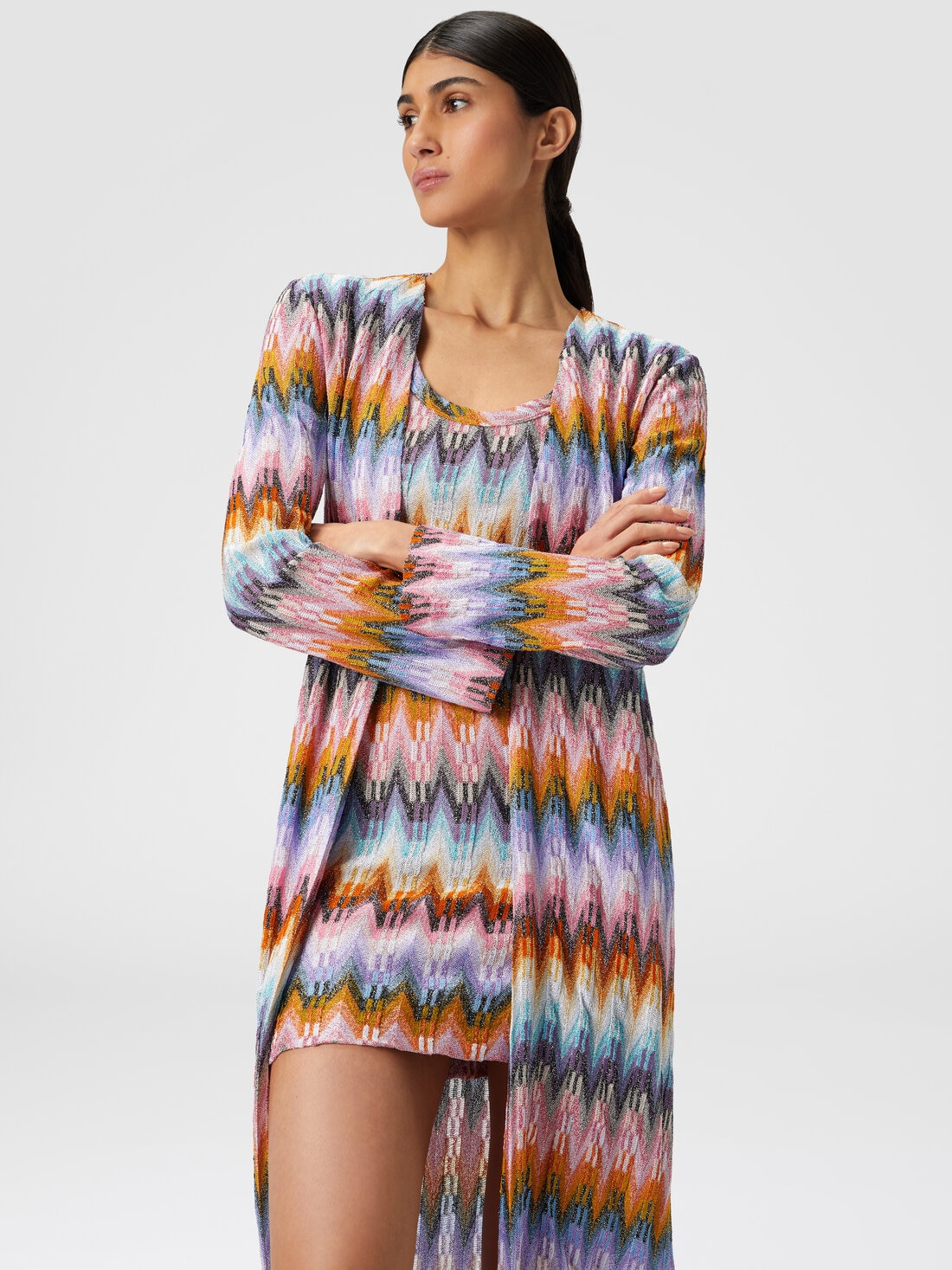 Long cardigan in zigzag knit with lamé, Multicoloured  - DS24SM18BR00Y5SM9CP - 3
