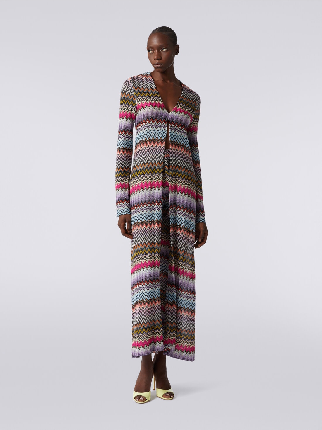 Long cardigan in viscose with zigzag pattern with lurex, Multicoloured  - DS24SM18BR00YBSM9CI - 1