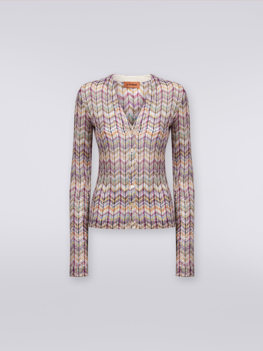 Cotton blend chevron cardigan with sequins, Multicoloured  - DS24SM1CBC004JSM9C9 - 0