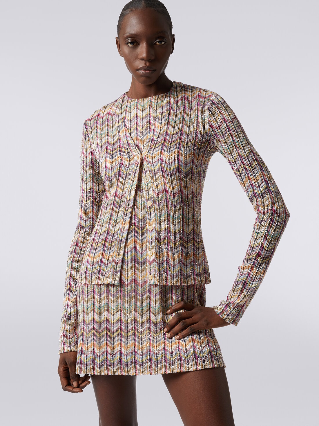 Cotton blend chevron cardigan with sequins, Multicoloured  - DS24SM1CBC004JSM9C9 - 4