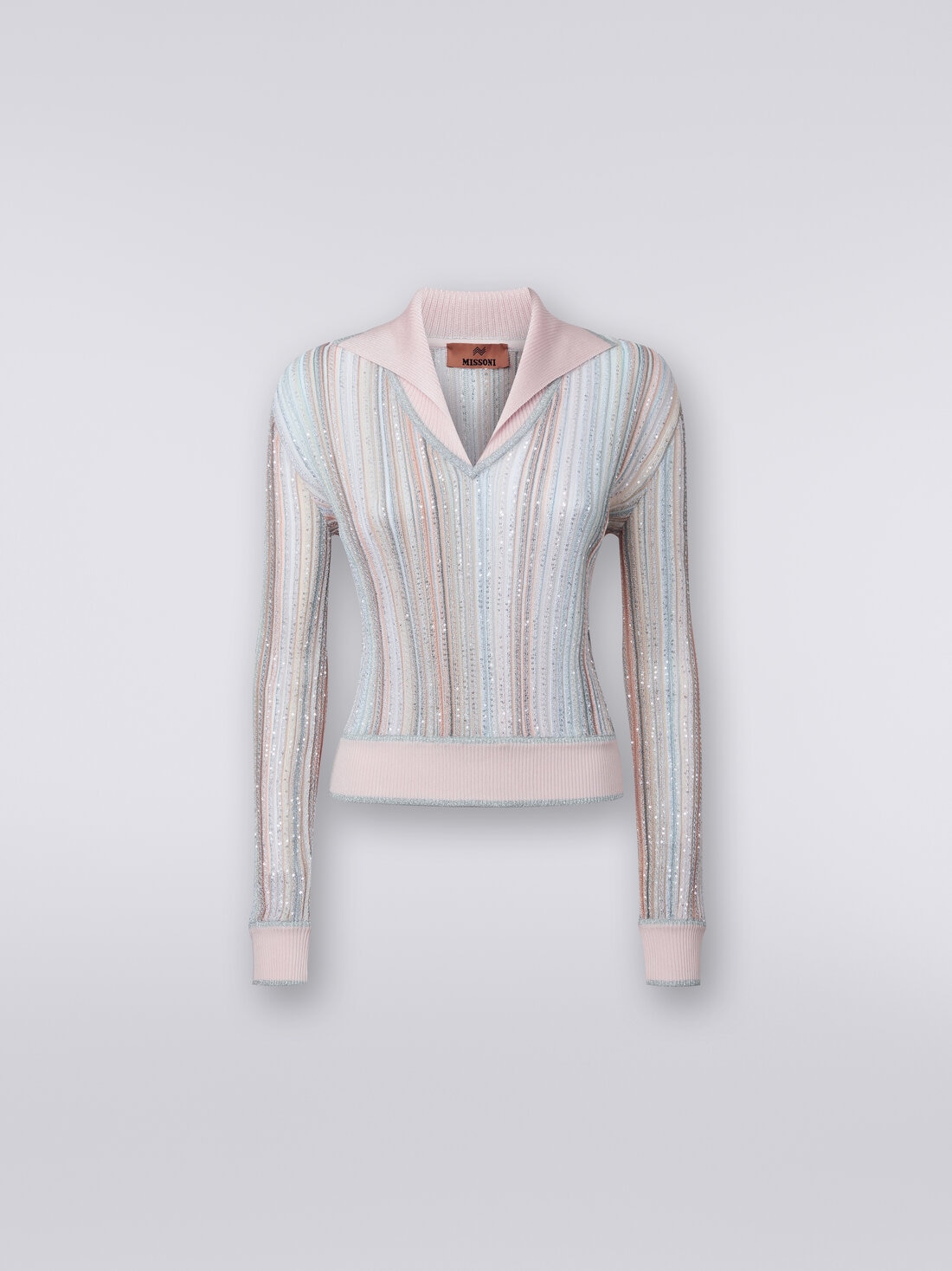 Long-sleeved vertical striped top with sequins, Multicoloured  - DS24SN05BK033MSM9AH - 0