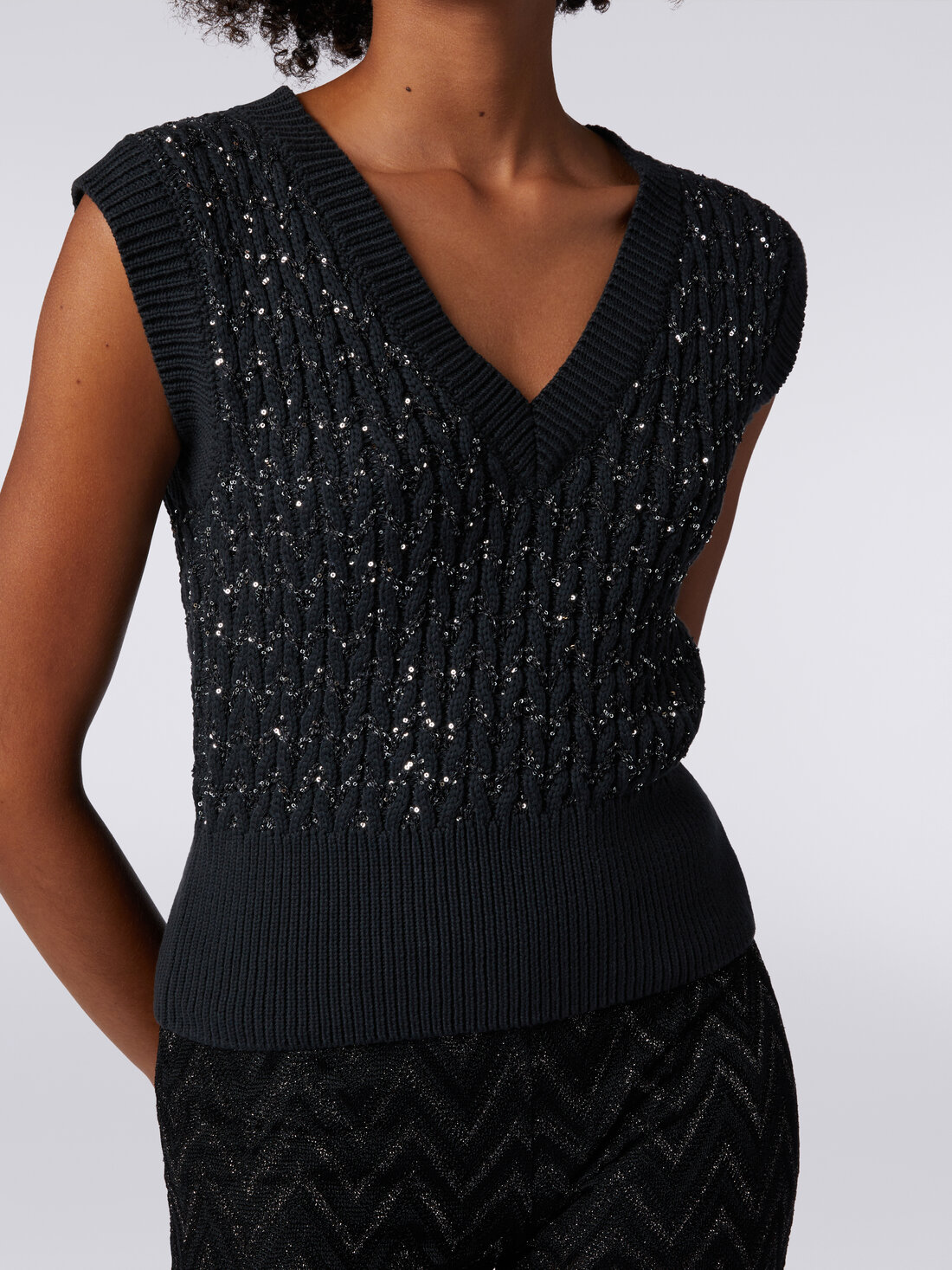 Cotton blend gilet with sequins and braiding, Black    - DS24SN08BK033OS90DI - 3