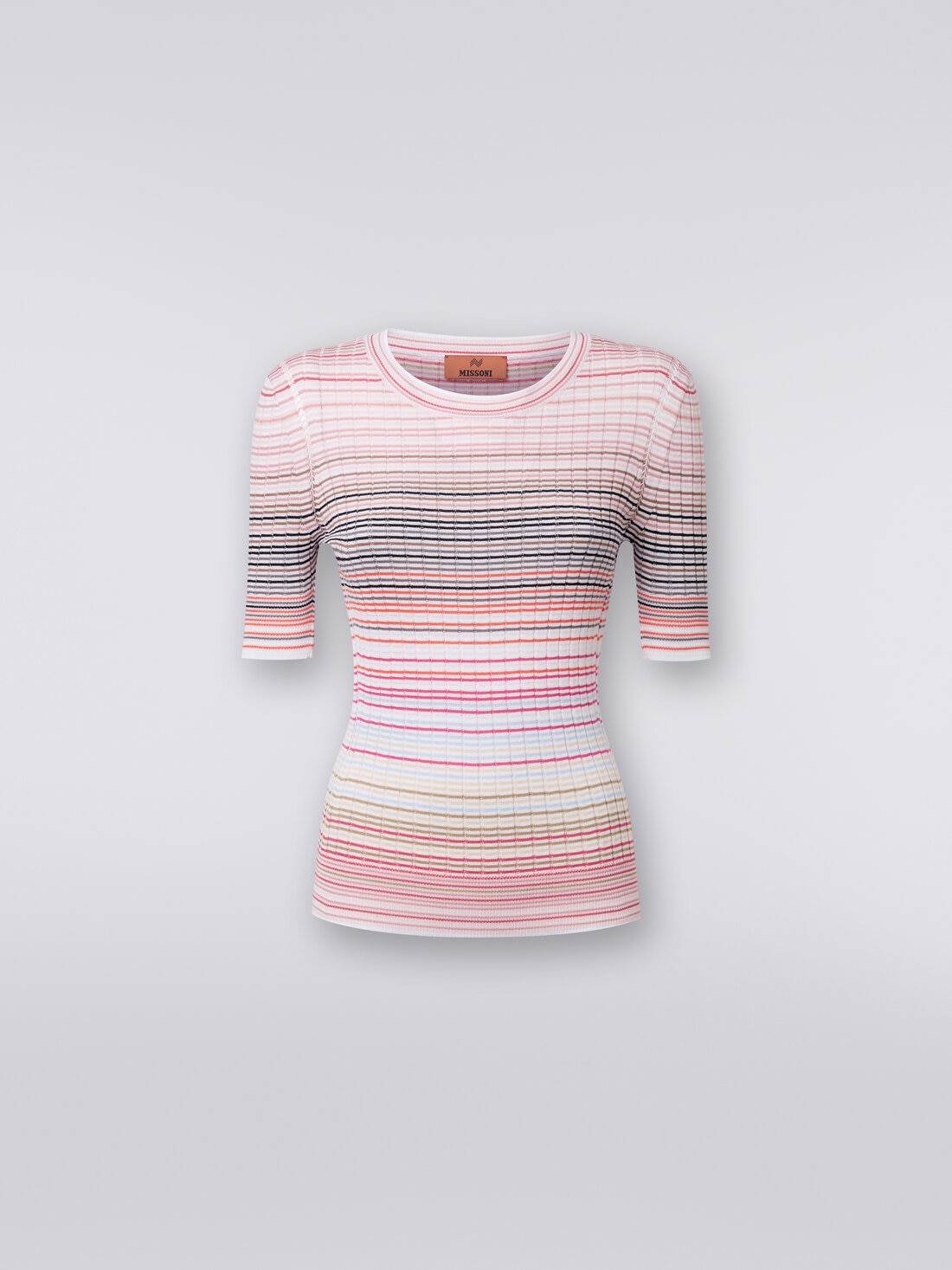 Short-sleeved crew-neck jumper in striped viscose and cotton, Multicoloured  - DS24SN0ABK033TSM9AT - 0