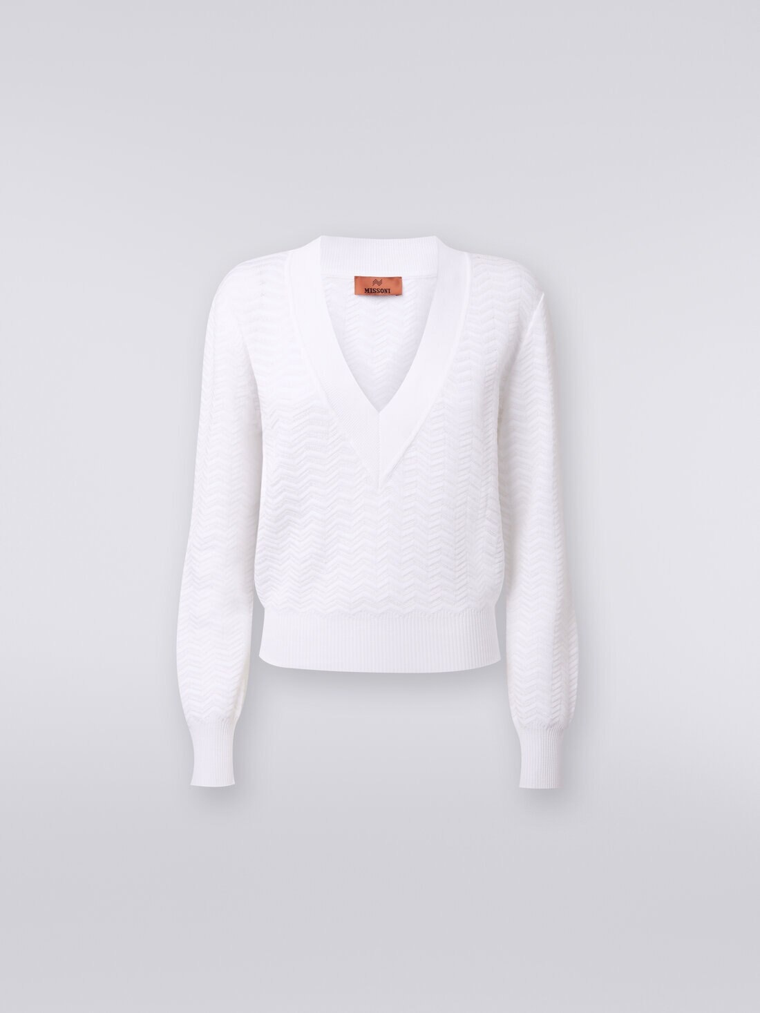 Pull avec encolure en V en mailles zig zag, Blanc  - DS24SN0FBK033W14001 - 0