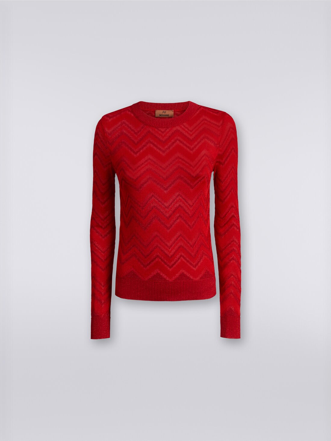 Jersey de cuello redondo en mezcla de viscosa zigzag con lúrex, Rojo  - DS24SN0IBK034J81756 - 0