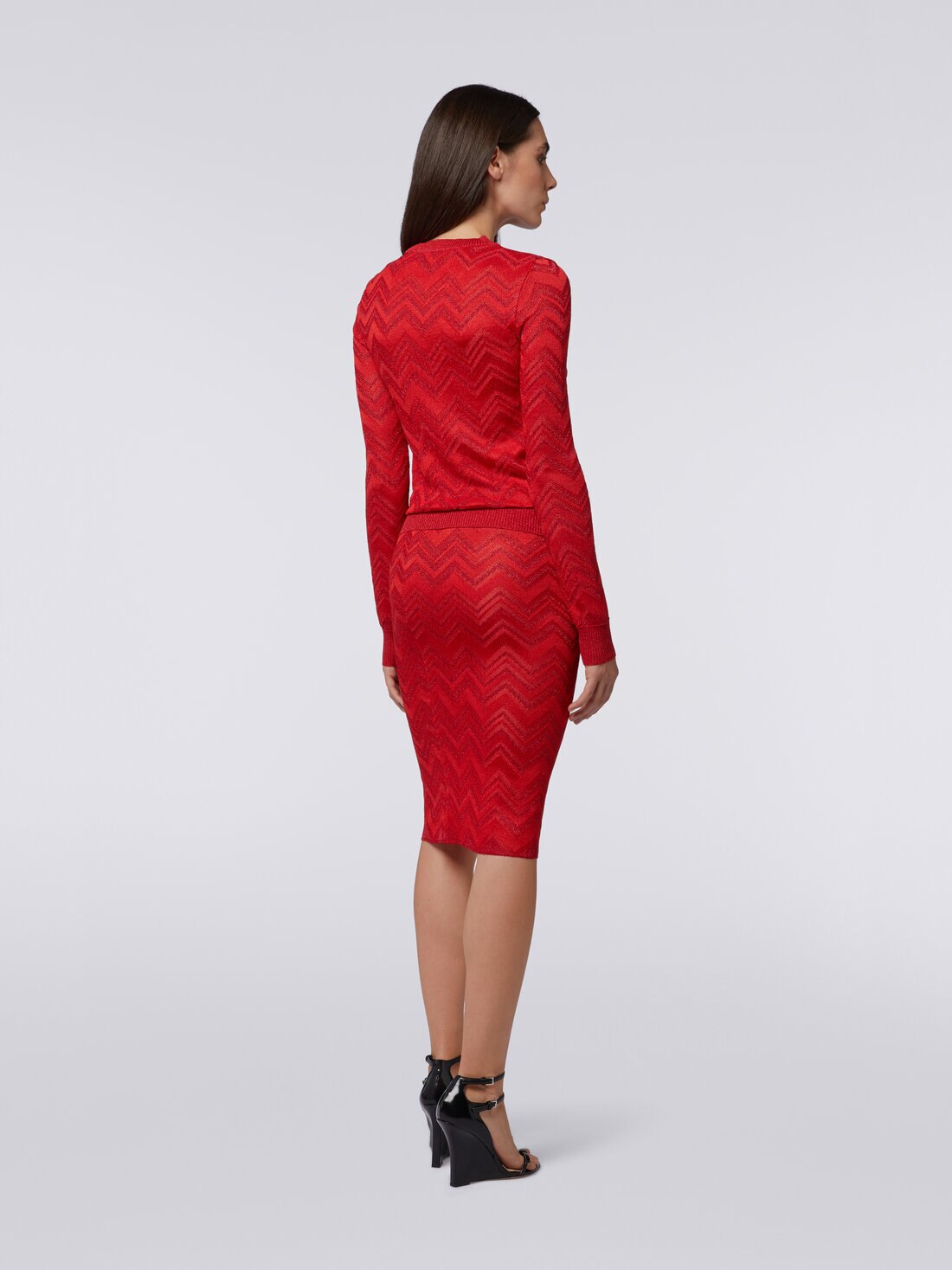 Haut à col rond en viscose mélangée à motif zig zag avec lurex, Rouge  - DS24SN0IBK034J81756 - 3