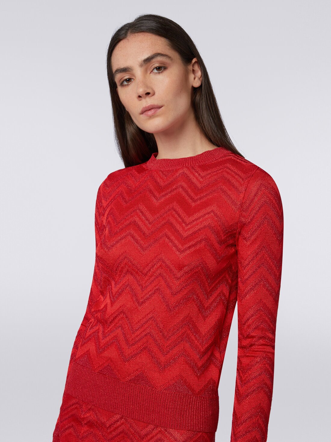 Jersey de cuello redondo en mezcla de viscosa zigzag con lúrex, Rojo  - DS24SN0IBK034J81756 - 4