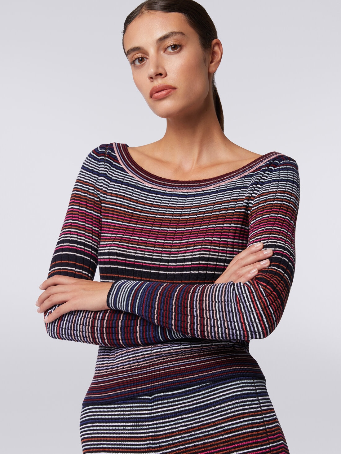 Pullover in striped viscose and cotton, Multicoloured  - DS24SN0OBK033TSM9AU - 4