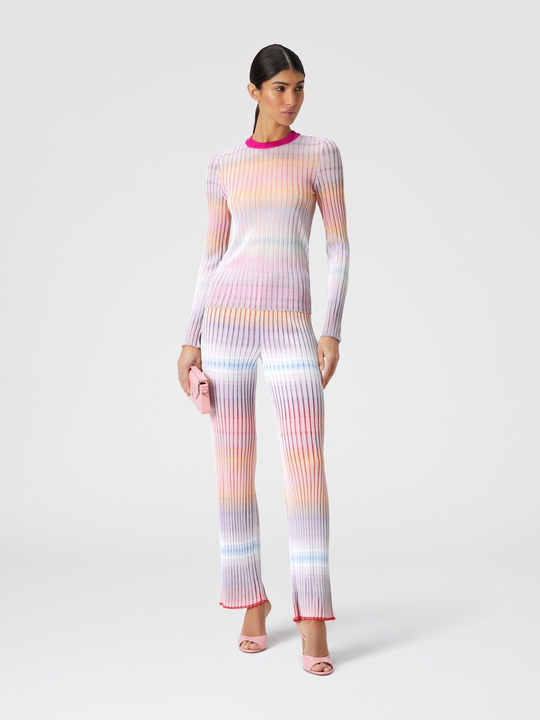 Ribbed crew-neck jumper with contrasting collar, Multicoloured  - DS24SN15BK036LSM9EM - 1