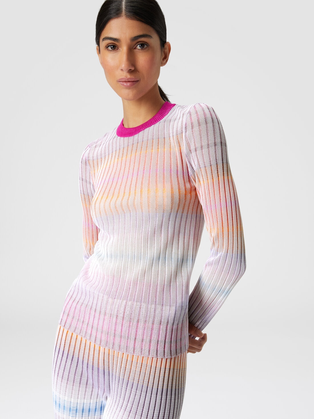 Ribbed crew-neck jumper with contrasting collar, Multicoloured  - DS24SN15BK036LSM9EM - 3
