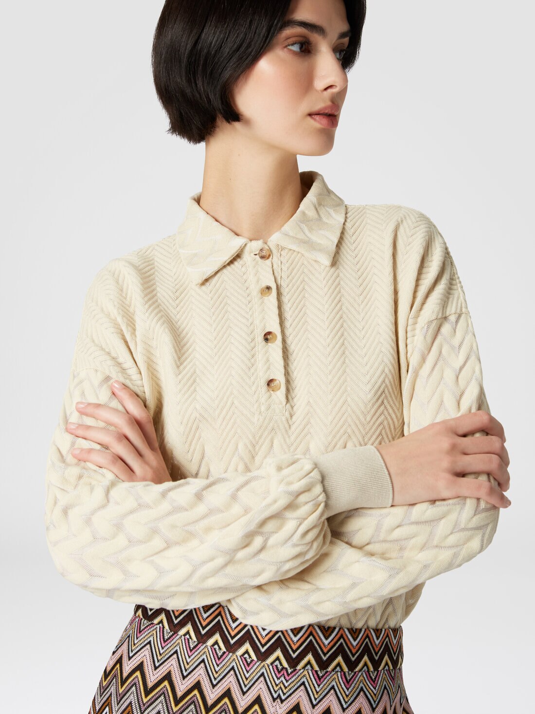 Long-sleeved polo shirt with tone-on-tone chevron, Grey - DS24W202BR00JE41107 - 4