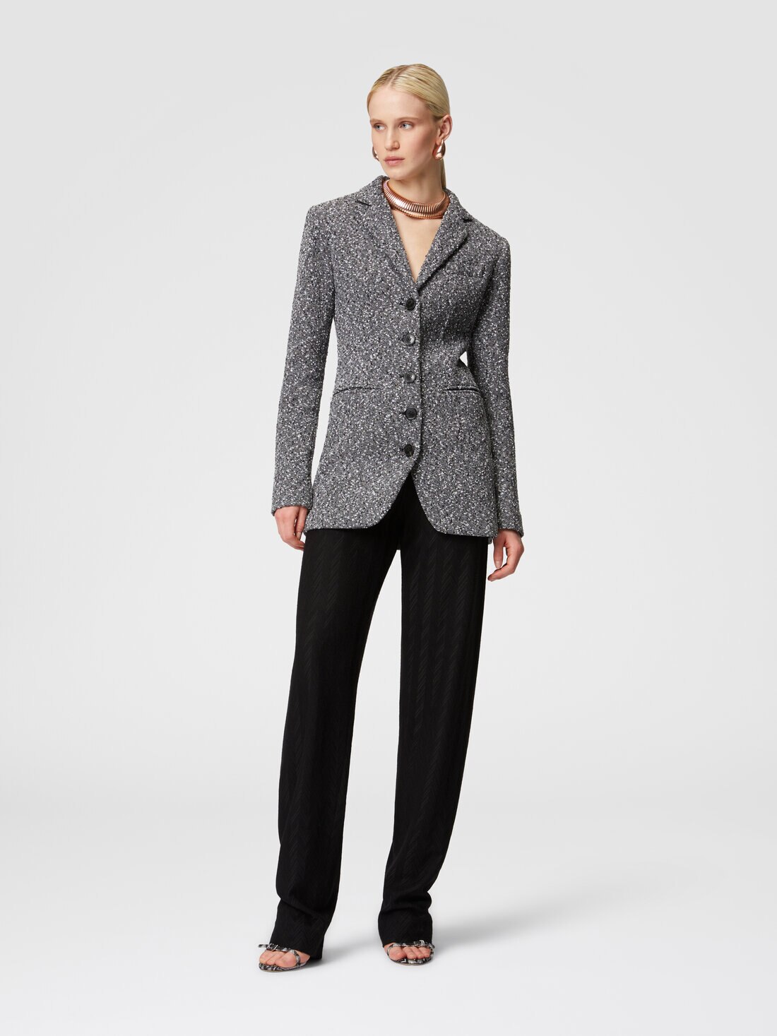 Long blazer in a mélange cotton blend, Black & White - DS24WF0BBT008FM9047 - 1