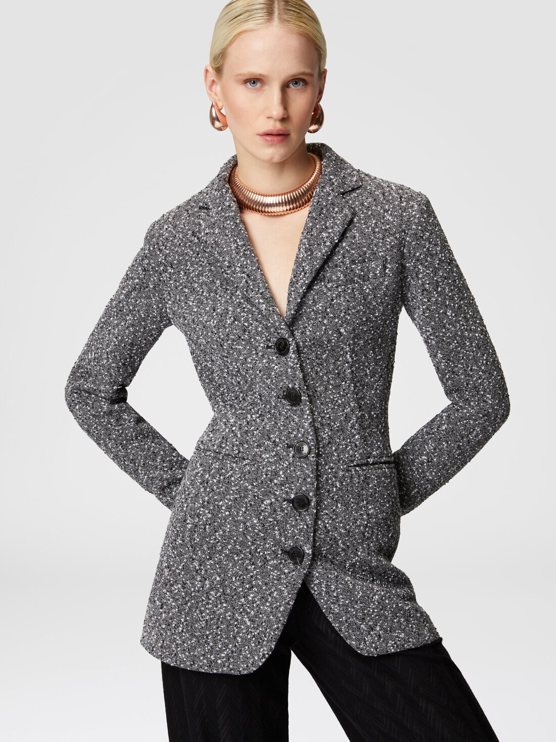Long blazer in a mélange cotton blend, Black & White - DS24WF0BBT008FM9047 - 3