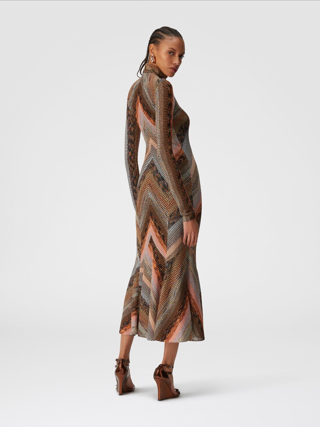 Long dress with flared hem and mock neck with zip, Multicoloured  - DS24WG0TBR00YDS80BZ - 2