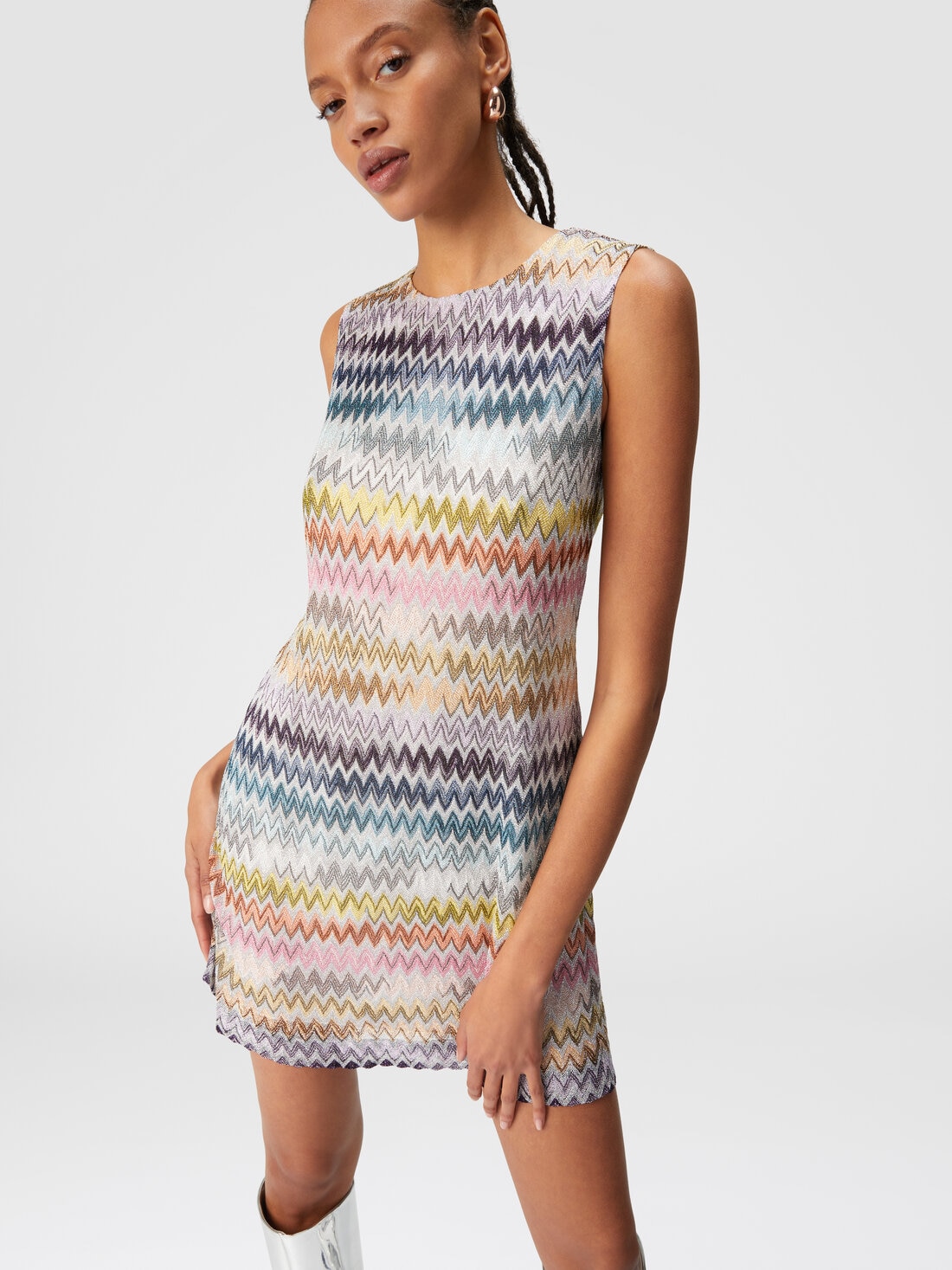 Sleeveless mini-dress in zig zag lamé viscose Multicoloured