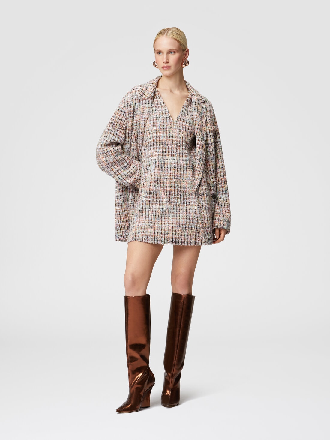 Sleeveless bouclé checkered mini-dress with sequins, Multicoloured  - DS24WG35BC004RSM9IB - 1