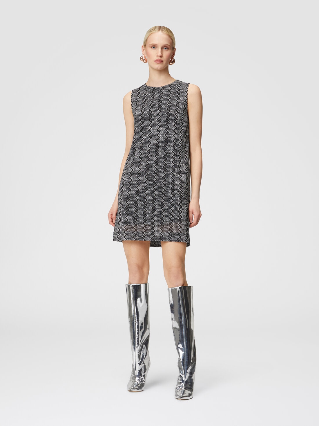 Sleeveless zig zag lamé mini-dress, Black & Silver - DS24WG37BR00ZRS91LP - 1