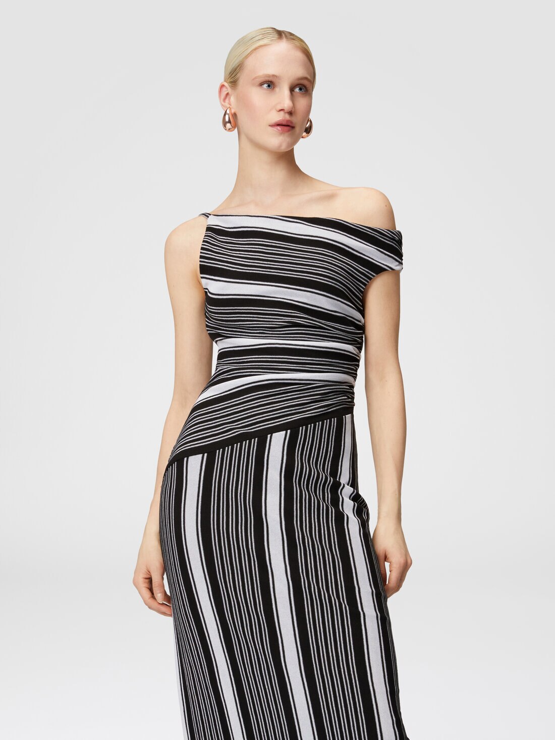 Long cotton and viscose dress with asymmetrical neckline, Black & White - DS24WG3LBR00Z6S91LO - 3