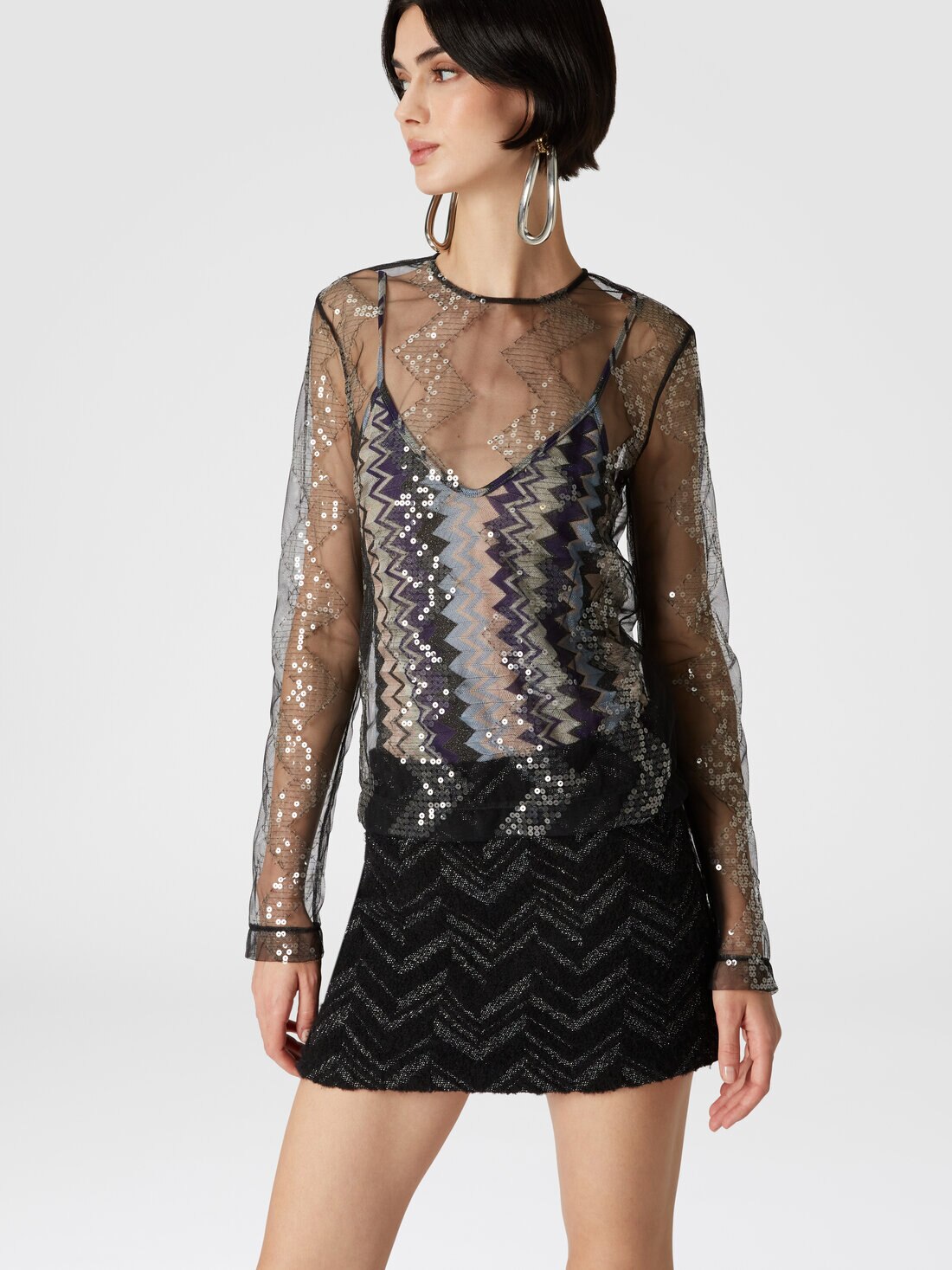 Bouclé mini skirt with lamé chevron motif, Black & Multicoloured  - DS24WH0EBW00T5S91KD - 3