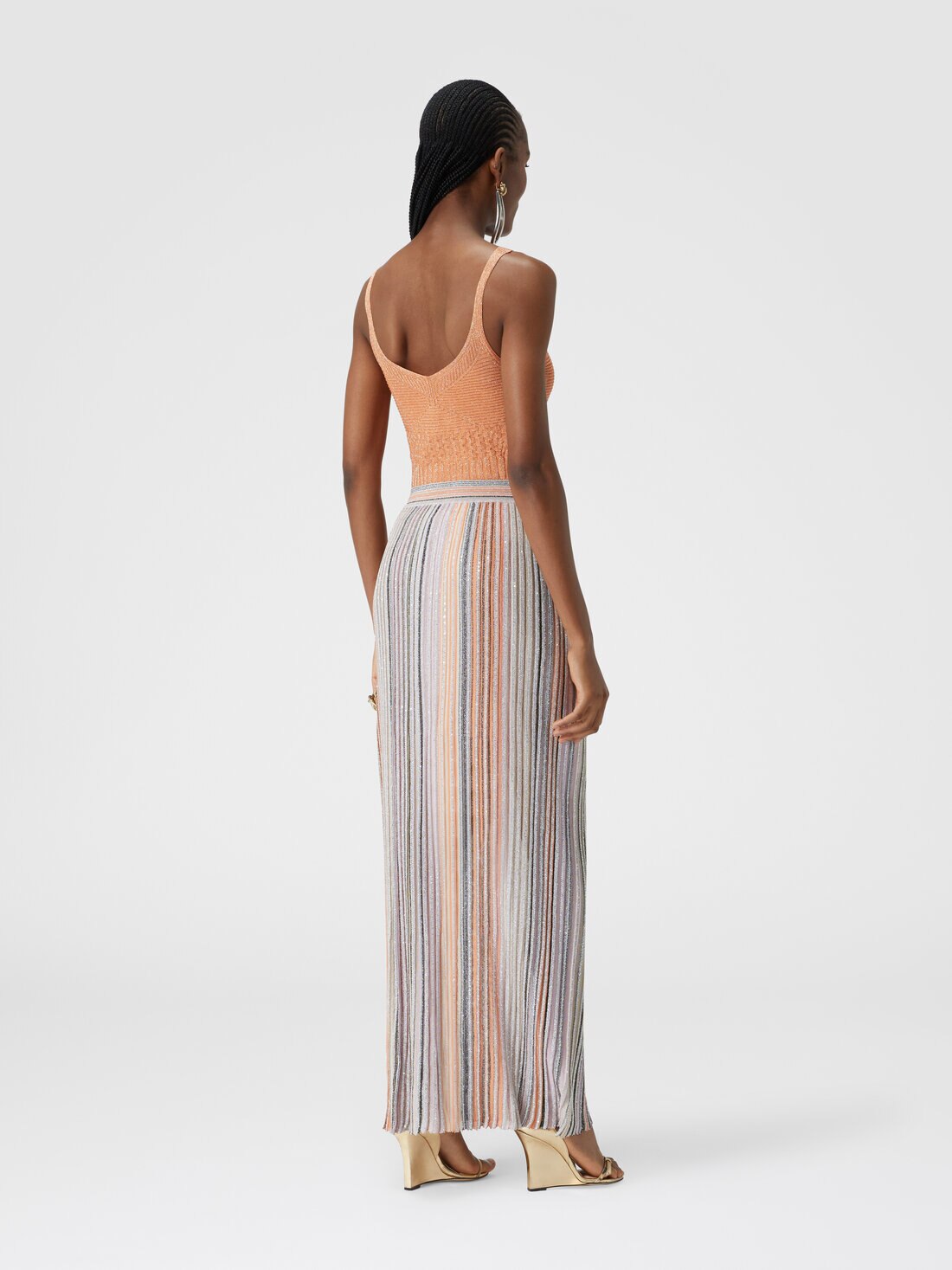 Long ribbed parted skirt with sequins, Multicoloured  - DS24WH0TBK039ESM9G8 - 2