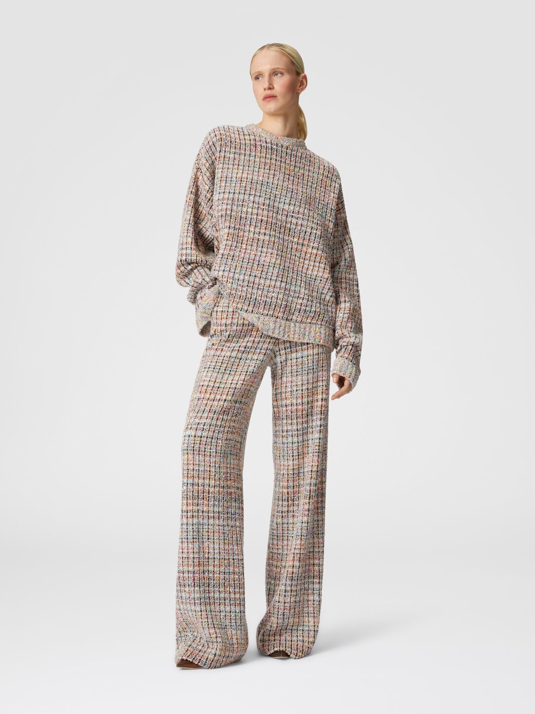 Bouclé checkered trousers with sequins, Multicoloured  - DS24WI19BC004RSM9IB - 1