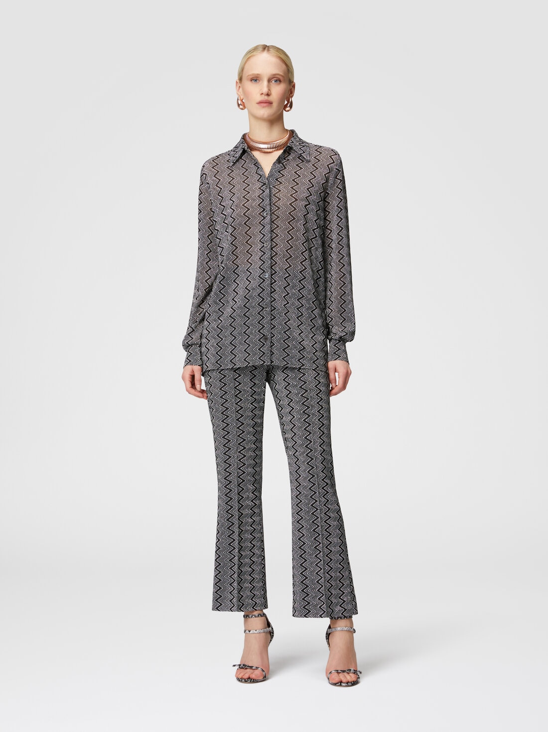 Cropped trousers with zig zag lamé motif, Black & Silver - DS24WI1CBR00ZRS91LP - 1
