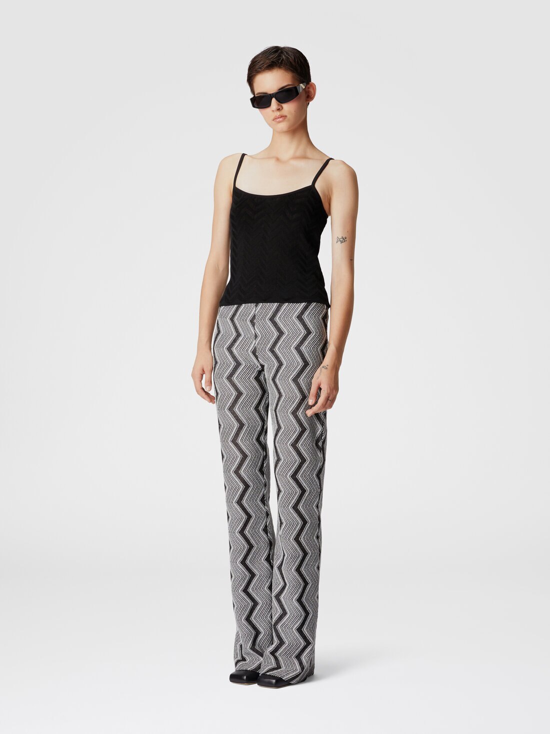 Flare trousers in zig zag lamé viscose, Black & Silver - DS24WI1IBK042KS91M5 - 1